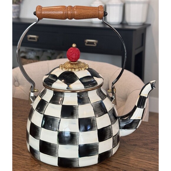 MacKenzie Childs Courtly Check Enamel 2 Quart Tea Kettle Red Knob Wood Handle - Picture 1 of 11